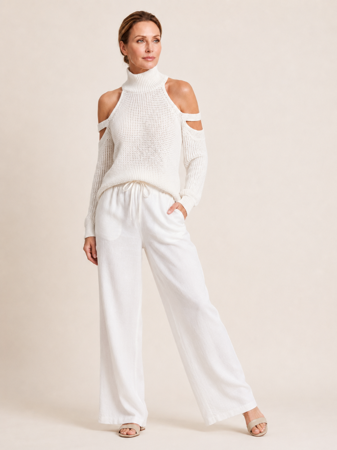 Cold-Shoulder Knit Sweater – White