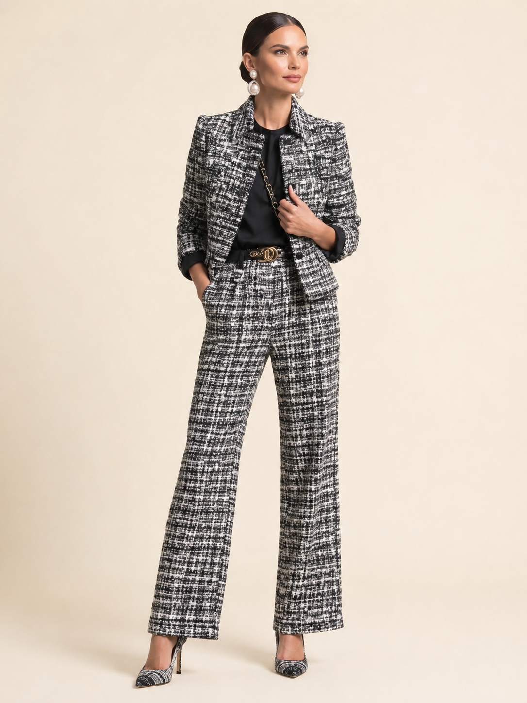 Cropped Tweed Jacket & Wide-Leg Trouser Set