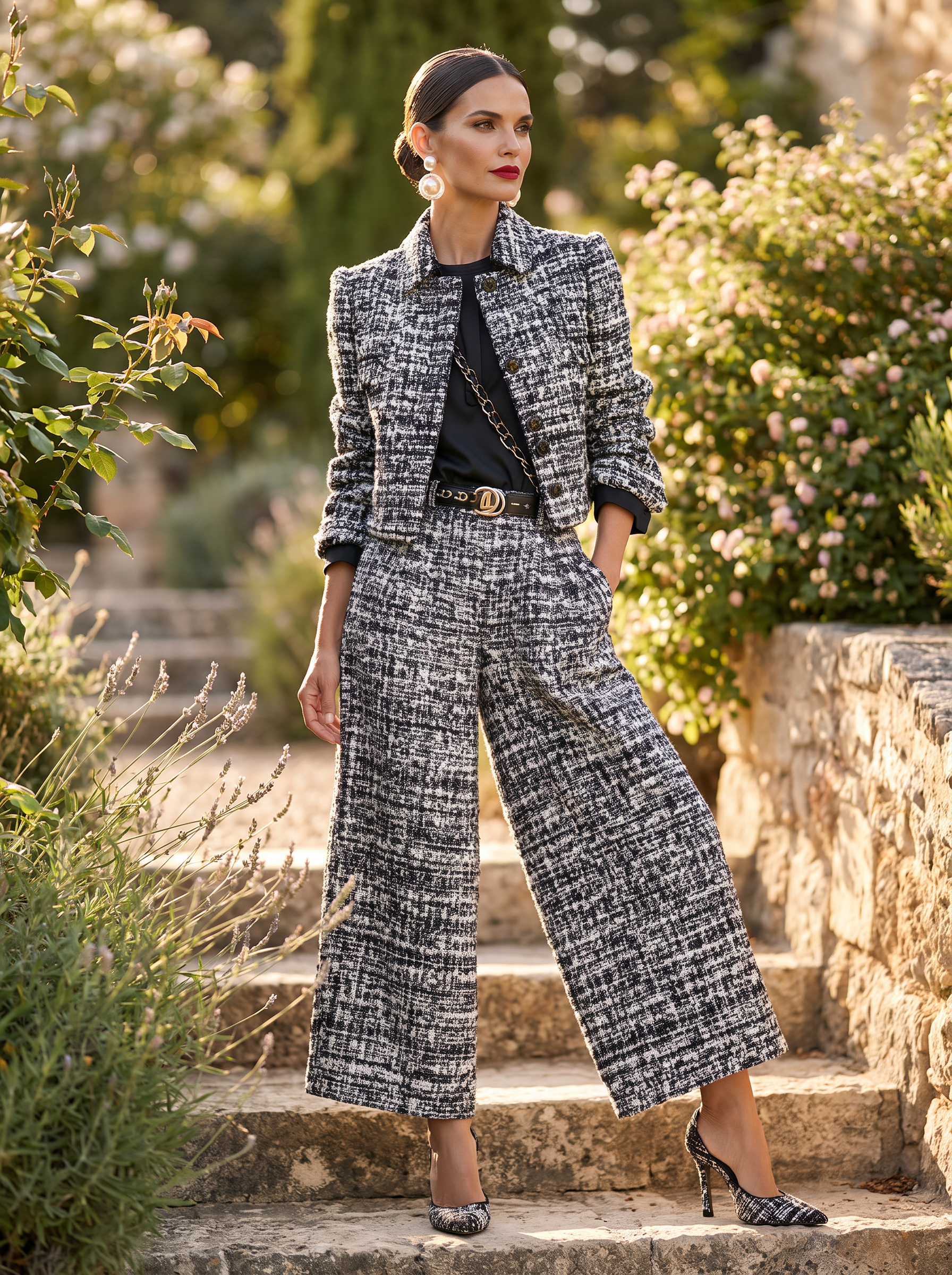 Cropped Tweed Jacket & Wide-Leg Trouser Set