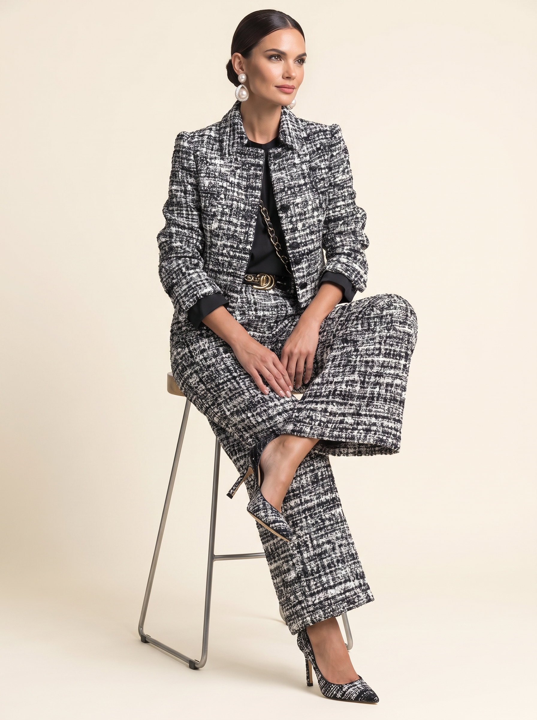 Cropped Tweed Jacket & Wide-Leg Trouser Set