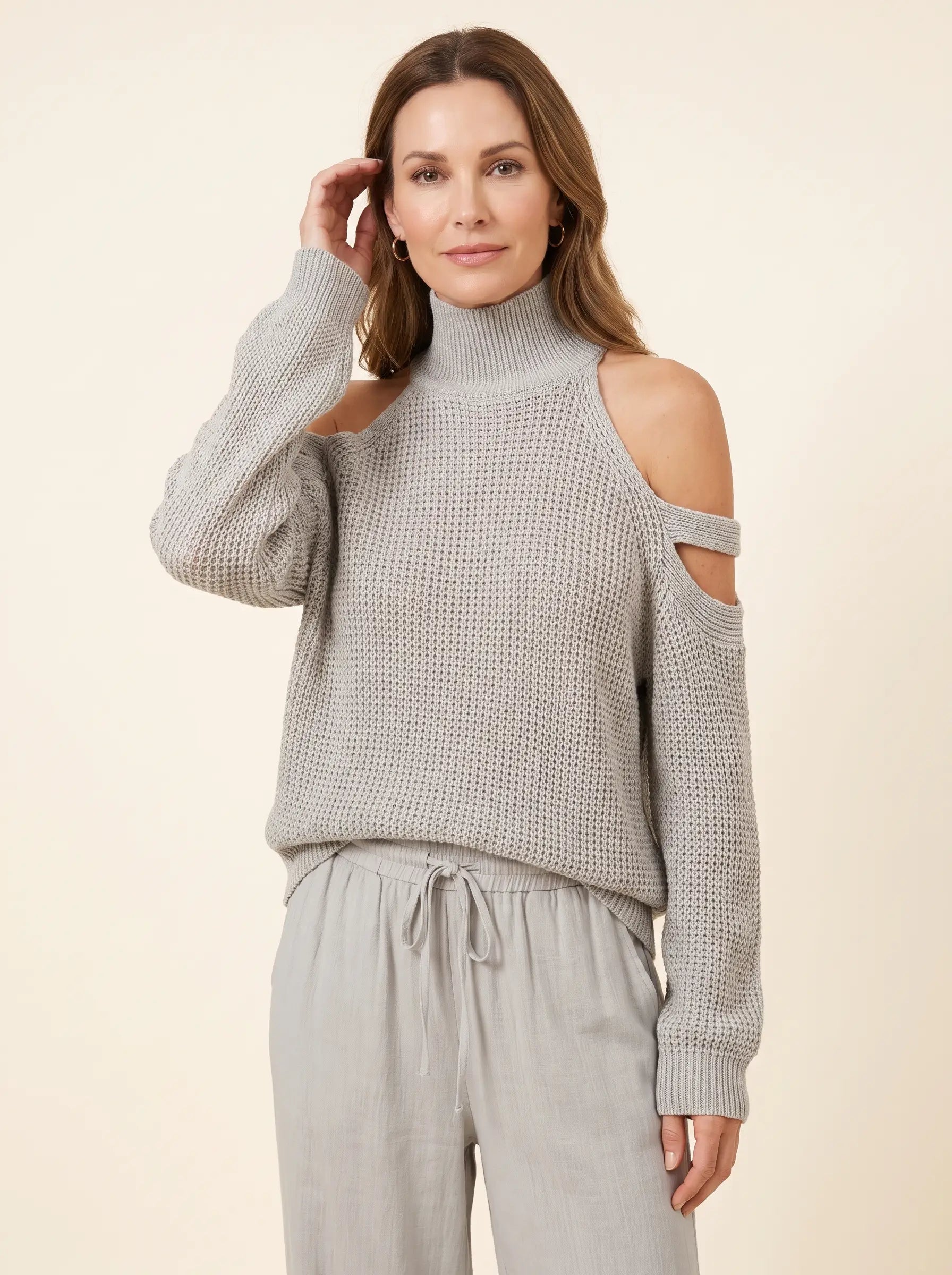 Cold-Shoulder Knit Sweater – Grey