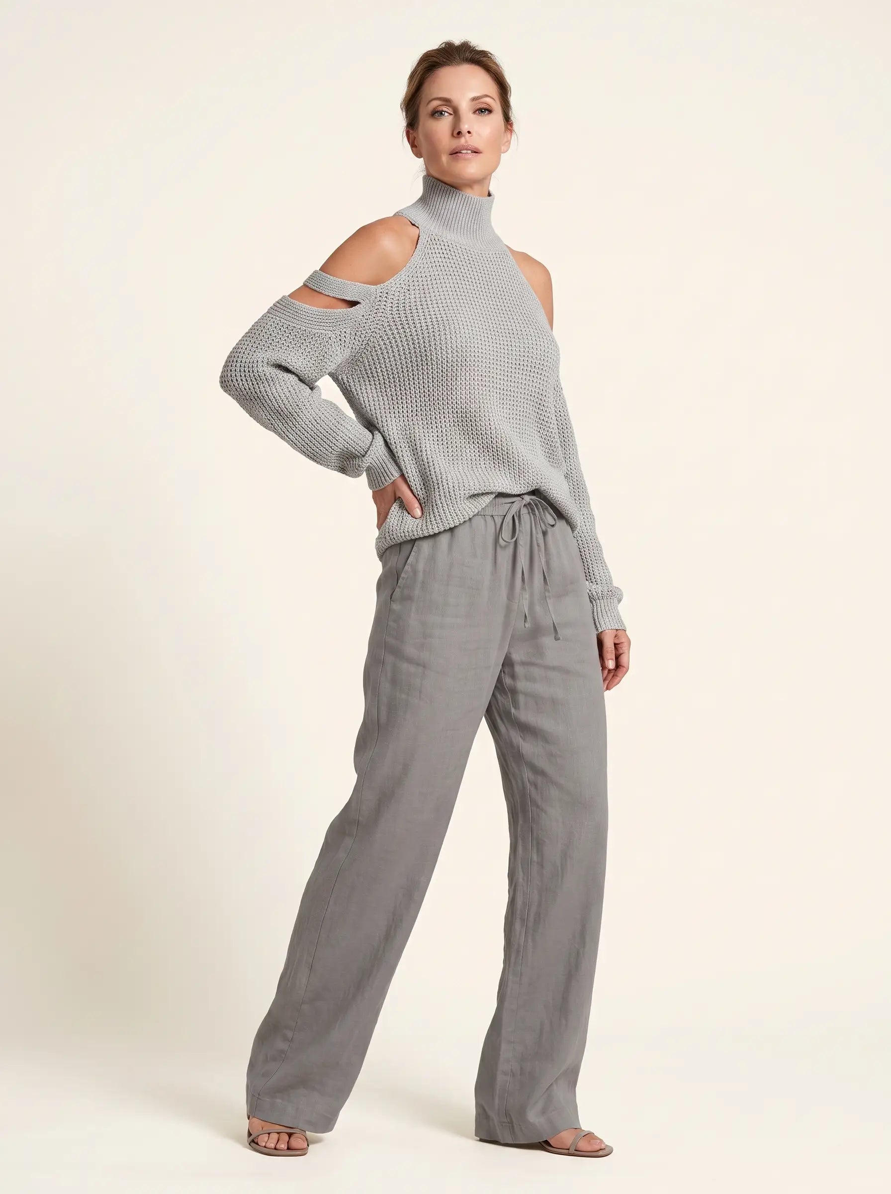 Cold-Shoulder Knit Sweater – Grey